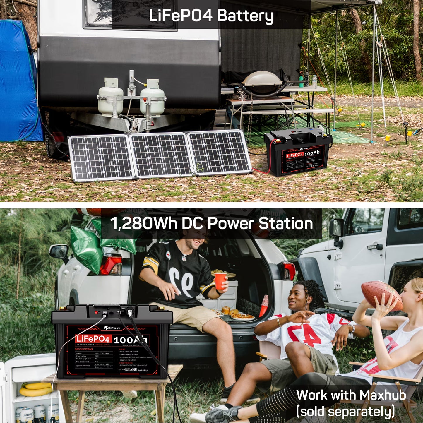 DR. PREPARE 12V 100Ah LiFePO4 Deep Cycle Battery, Lithium Iron Phosphate Battery, Built-in 100A BMS, Low Temp Protection, IP65 Waterproof