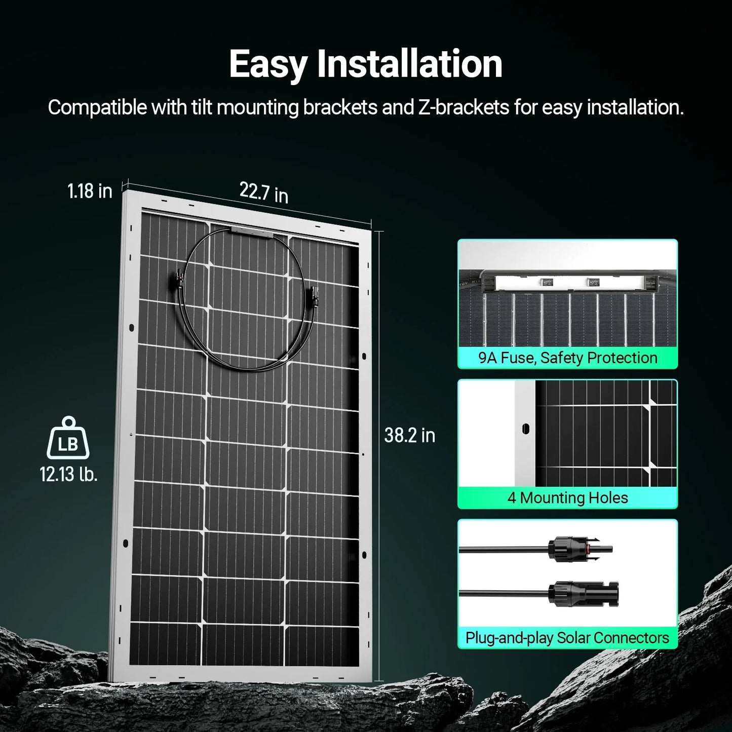 HQST Bifacial 100 Watt 12 Volt Solar Panel, 9BB Monocrystalline Solar Panels with 25% Efficiency, IP68 Rating for RV, Camper Van, Trailer, Marine, Cabin, Home Rooftop, Solar Farm
