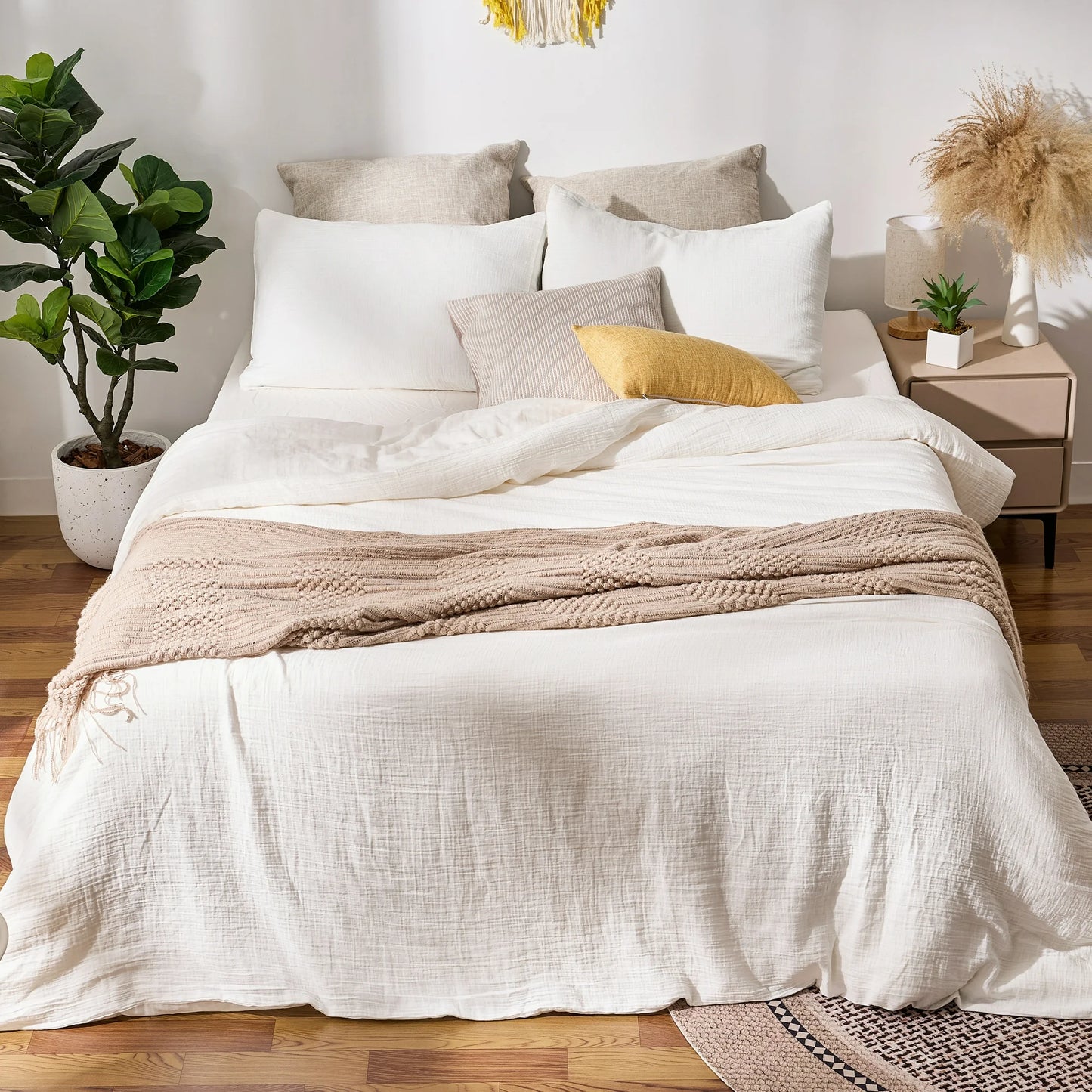 TechForma 100% Cotton Duvet Cover Set ,White Double Layer Gauze Bed Set, 3 pcs Breathable & Crisp Soft Duvet Cover Set,King