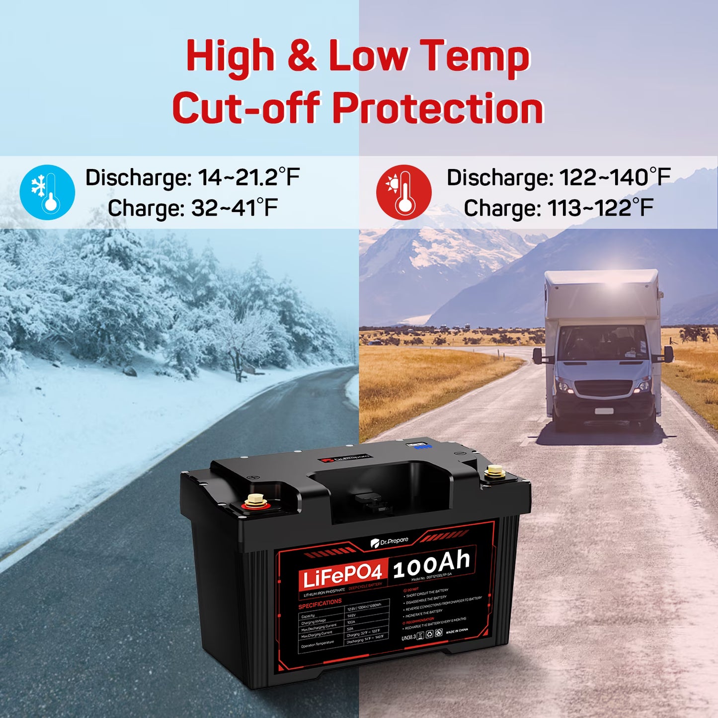 DR. PREPARE 12V 100Ah LiFePO4 Deep Cycle Battery, Lithium Iron Phosphate Battery, Built-in 100A BMS, Low Temp Protection, IP65 Waterproof