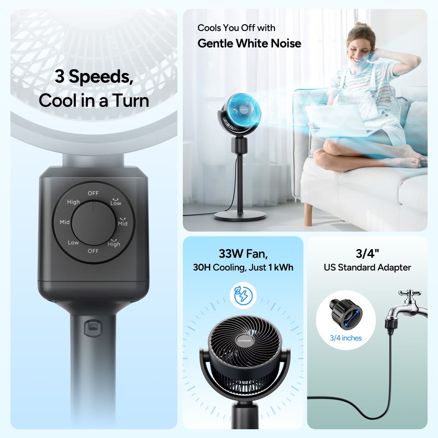 Dr. Prepare Standing Fan for Home, 16-34" Adjustable Height Oscillating Fan with Misting system