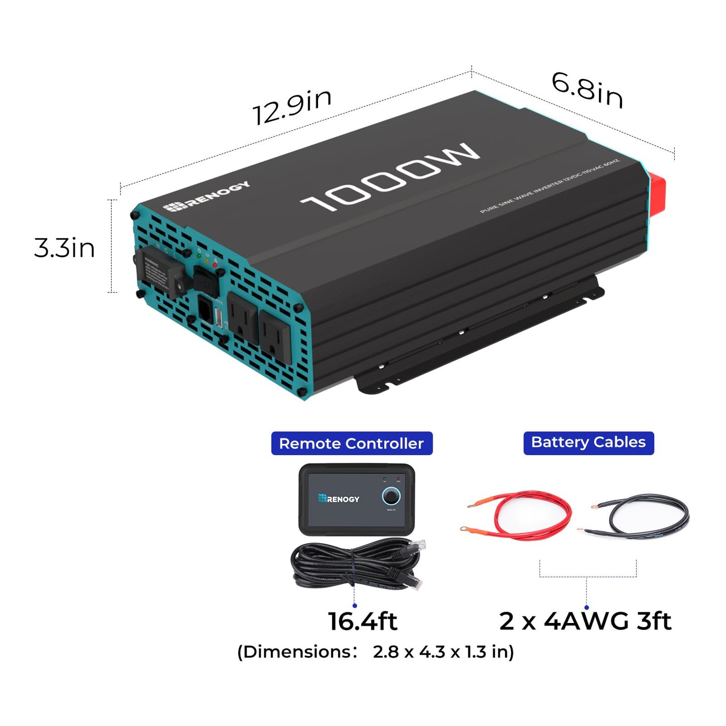 Renogy Pure Sine Wave Inverter 1000W, DC 12V to AC 120V, Built-in 5V/2.1A USB Port, Hardwire Port, 16.4FT Remote Controller