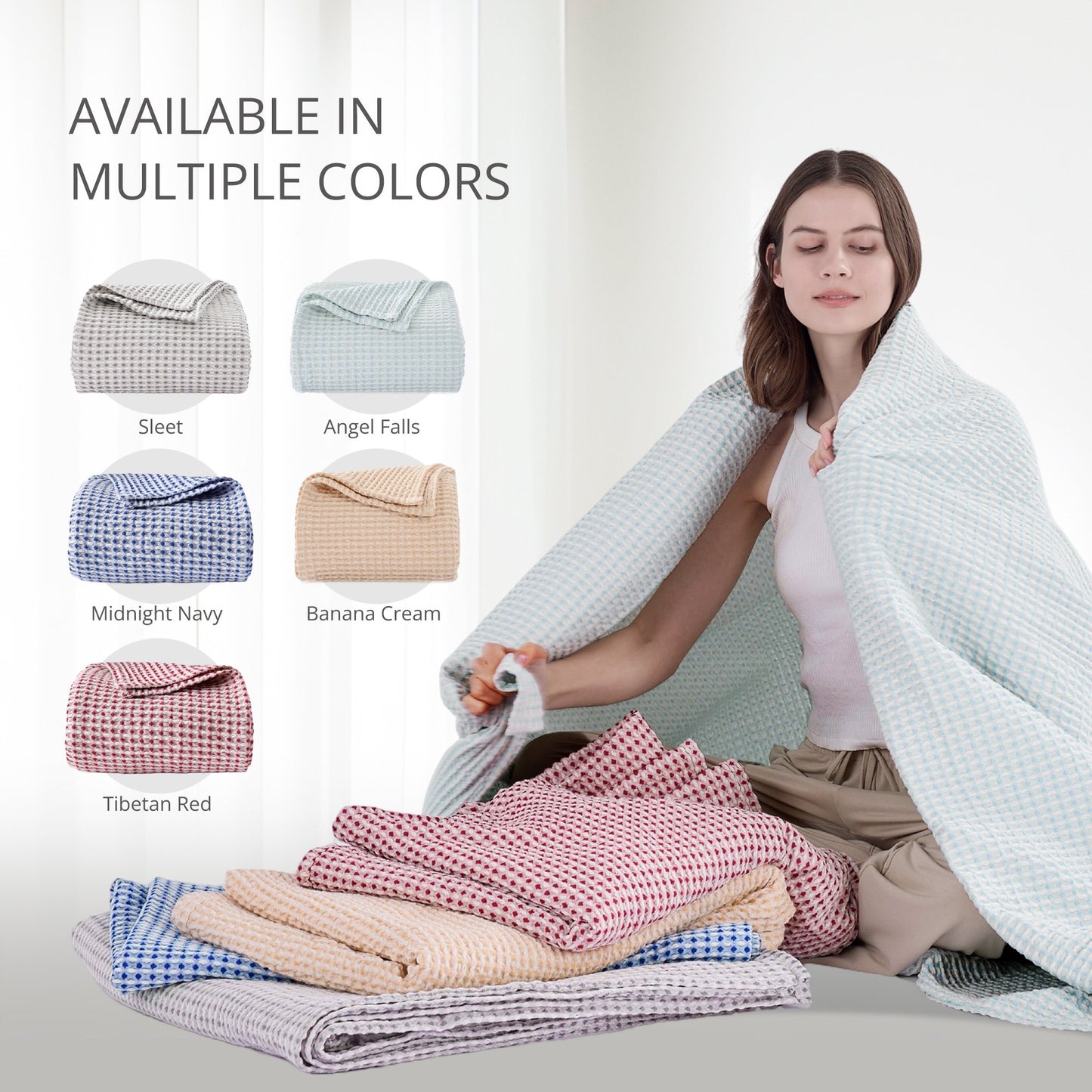 EGOHOME Waffle Blanket-100% Cotton Lightweight Oversize Yarn Dyed Bed Blanket for All Seasons, Angel Falls Throw