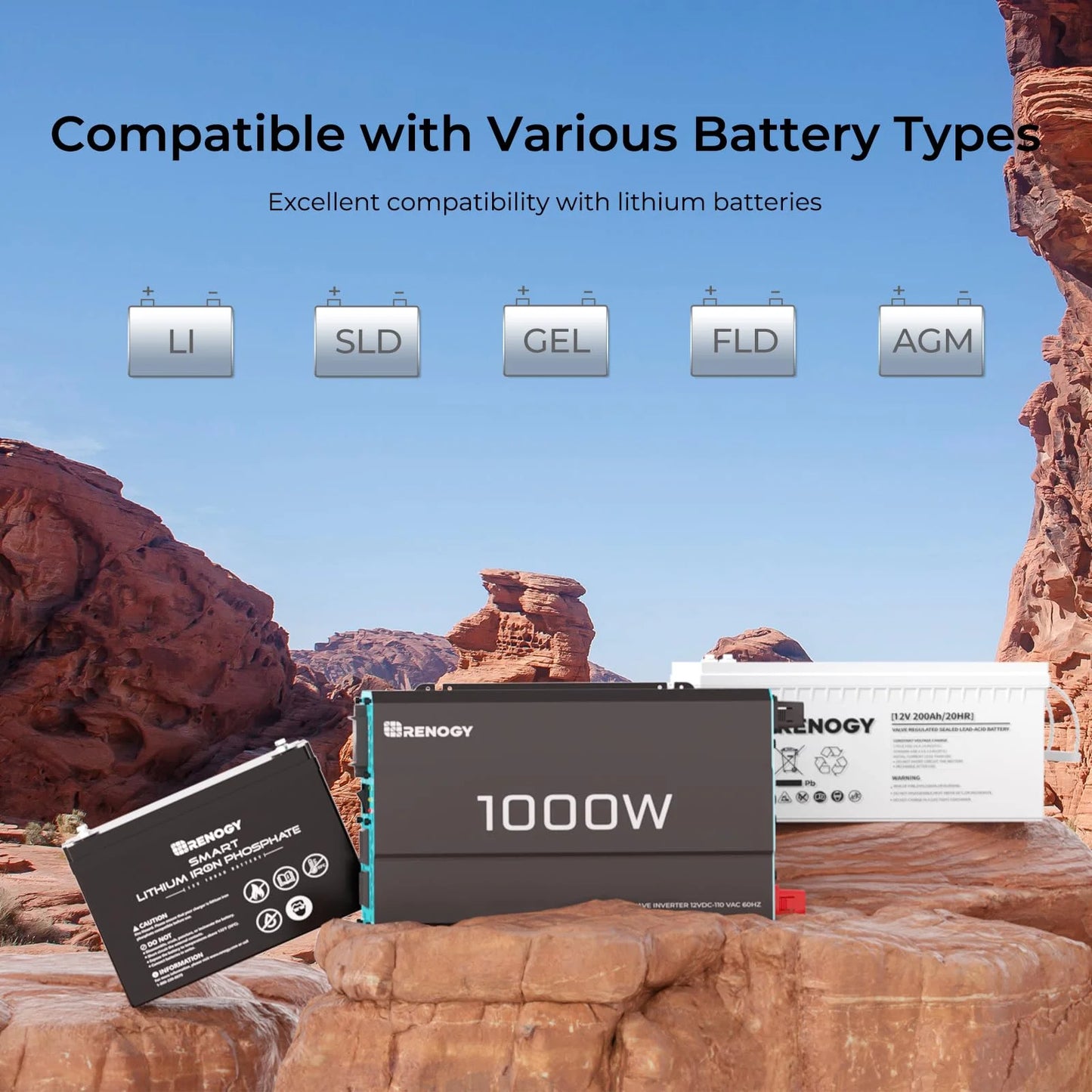 Renogy Pure Sine Wave Inverter 1000W, DC 12V to AC 120V, Built-in 5V/2.1A USB Port, Hardwire Port, 16.4FT Remote Controller