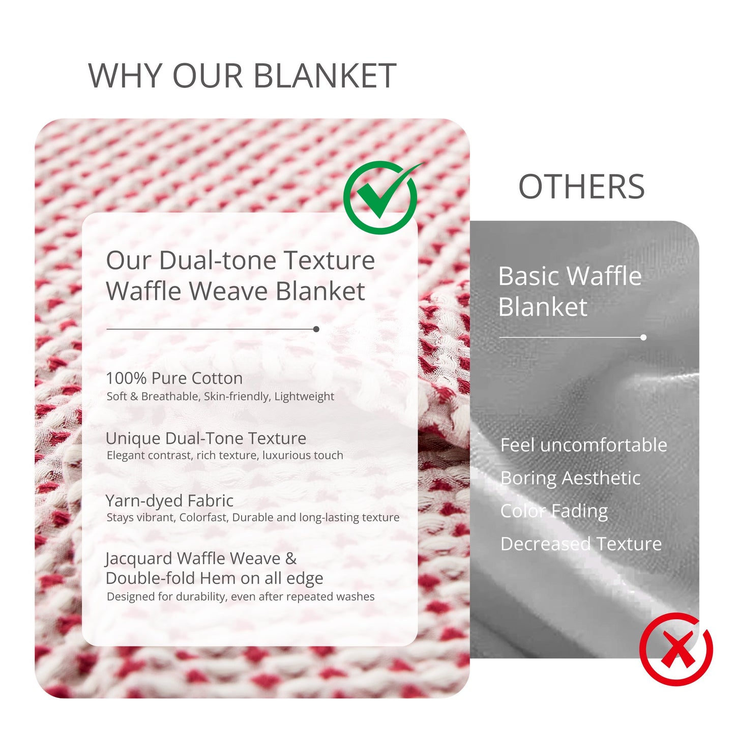EGOHOME Waffle Blanket-100% Cotton Lightweight Oversize Yarn Dyed Bed Blanket for All Seasons, Tibetan Red Twin