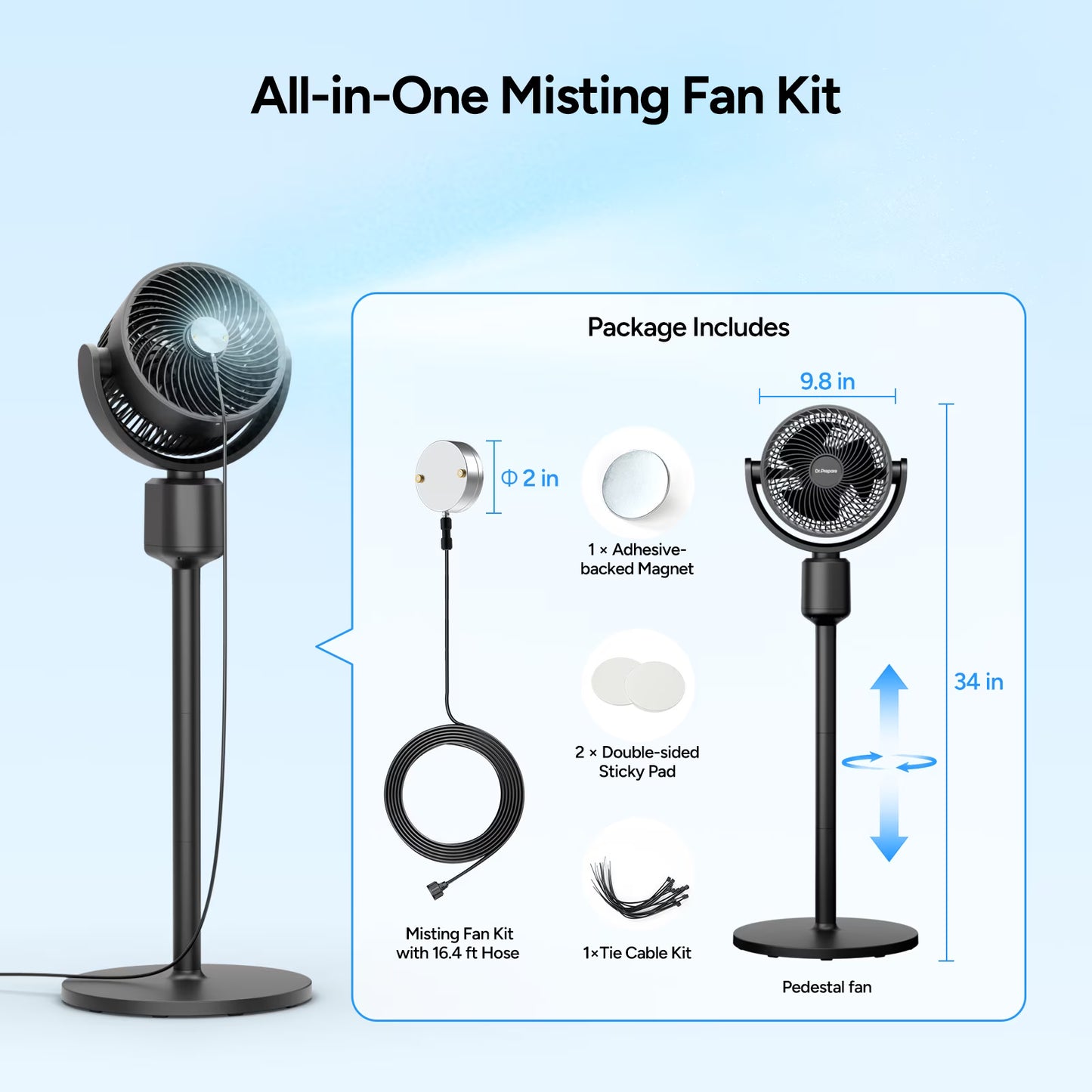 Dr. Prepare Standing Fan for Home, 16-34" Adjustable Height Oscillating Fan with Misting system