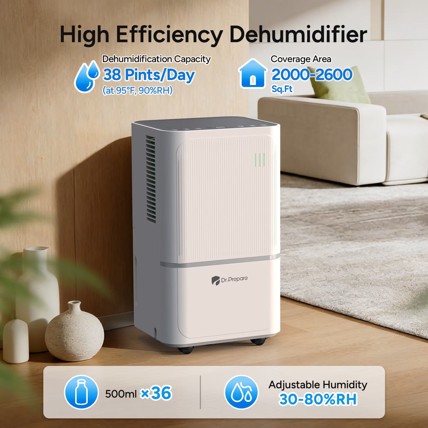 2600 Sq.Ft Dehumidifier for Home Max 38 Pints, Large Room with Drain Hose, Intelligent Humidity Control, Dry Clothes, 3 Modes, Sleep Mode, 24H Timer