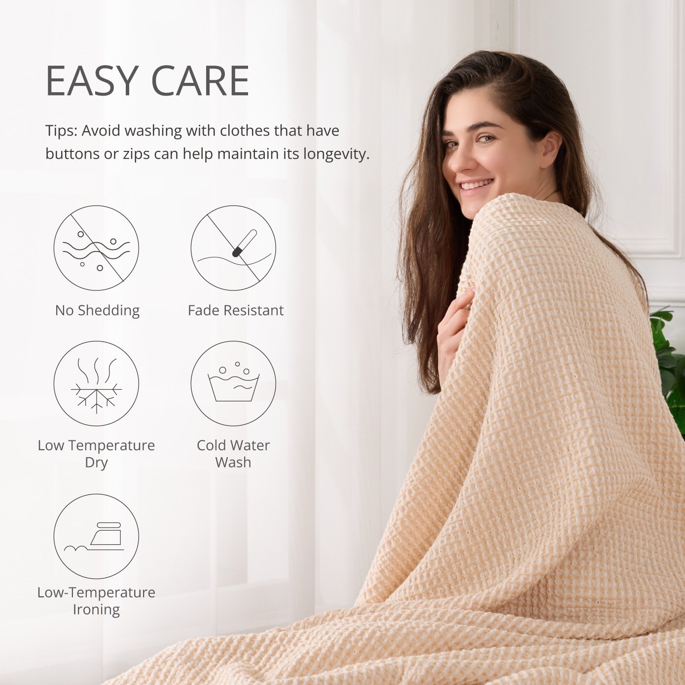 EGOHOME Waffle Blanket-100% Cotton Lightweight Oversize Yarn Dyed Bed Blanket for All Seasons, Beige Queen
