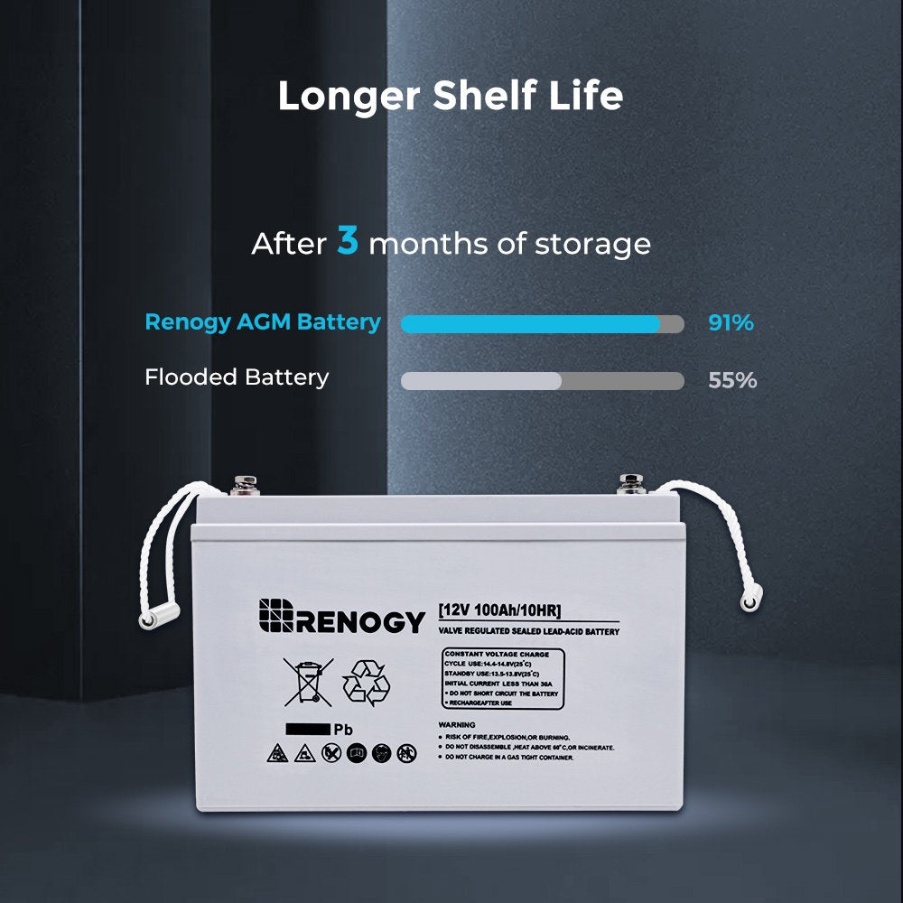 Renogy 100Ah Deep Cycle AGM Battery 12 Volt, 1100A Max Discharge Current, Safe Charge Appliances or RVs, Marine, Solar, Off-Grid