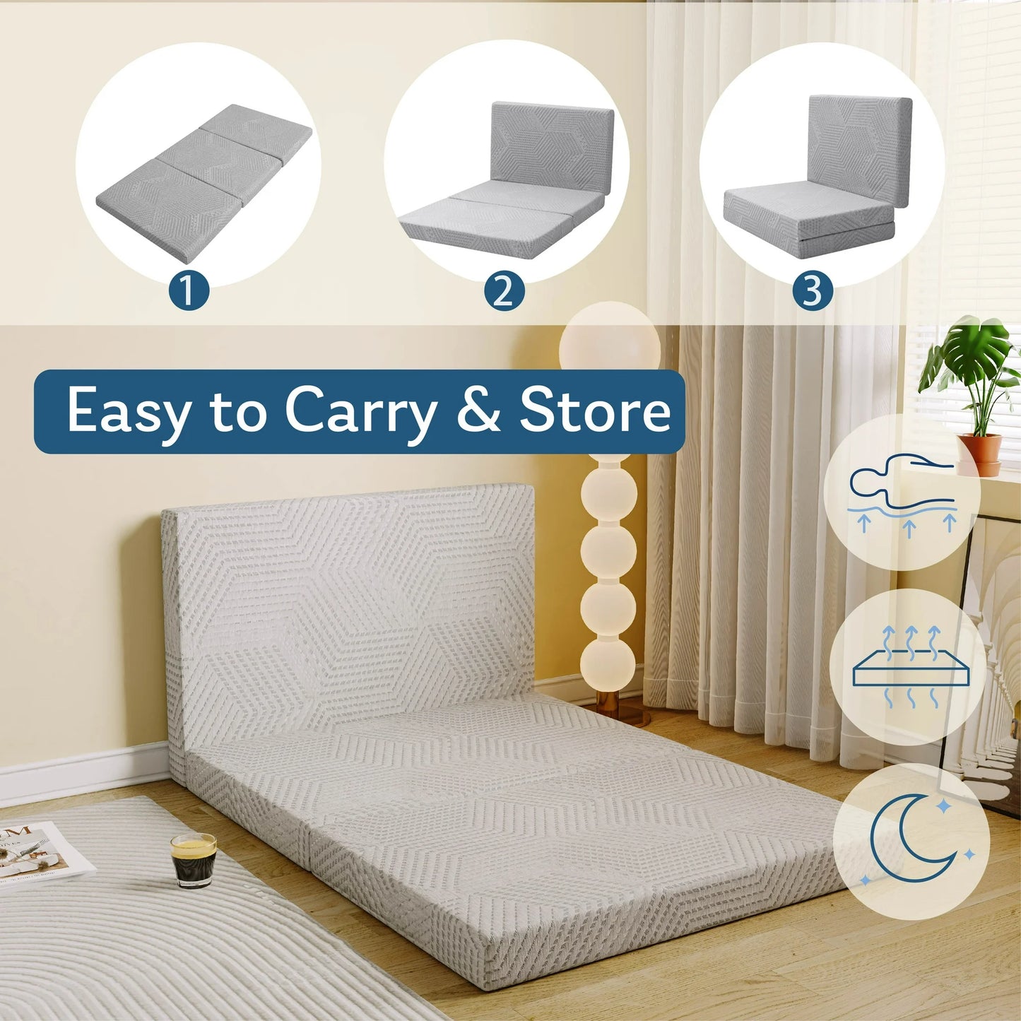 EGOHOME 4 inch Tri Folding Memory Foam Mattress, Portable Guest Bed, Twin XL Size