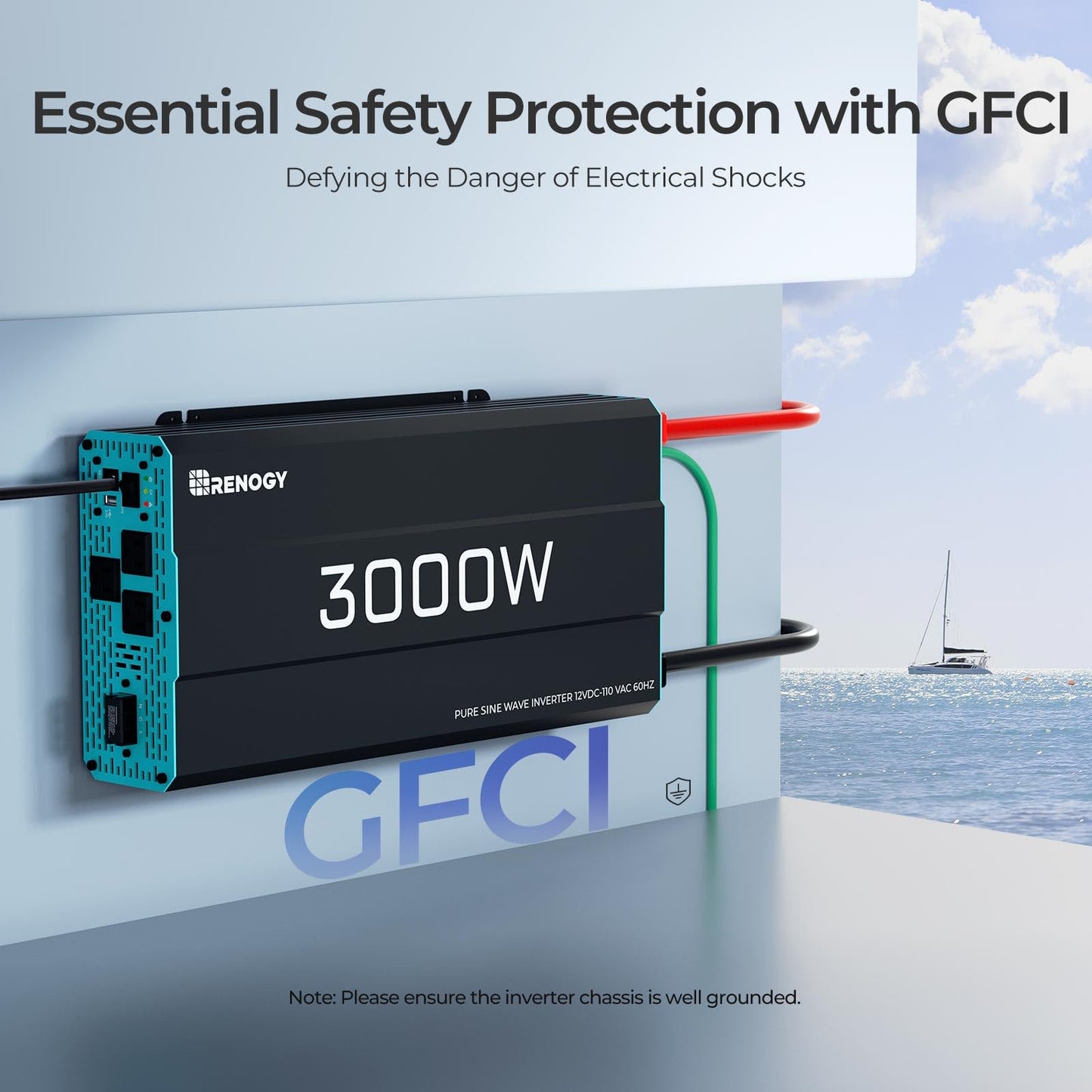 Renogy 3000W Pure Sine Wave Inverter, DC 12V to AC 120V, Built-in 5V/2.1A USB, AC Hardwire Port, 16.4FT Remote Controller