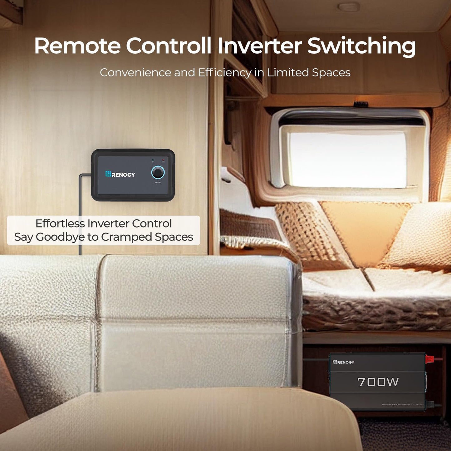 Renogy Pure Sine Wave Inverter 700W, DC 12V to AC 120V, Built-in 5V/2.1A USB Port, AC Hardwire Port, 16.4FT Remote Controller