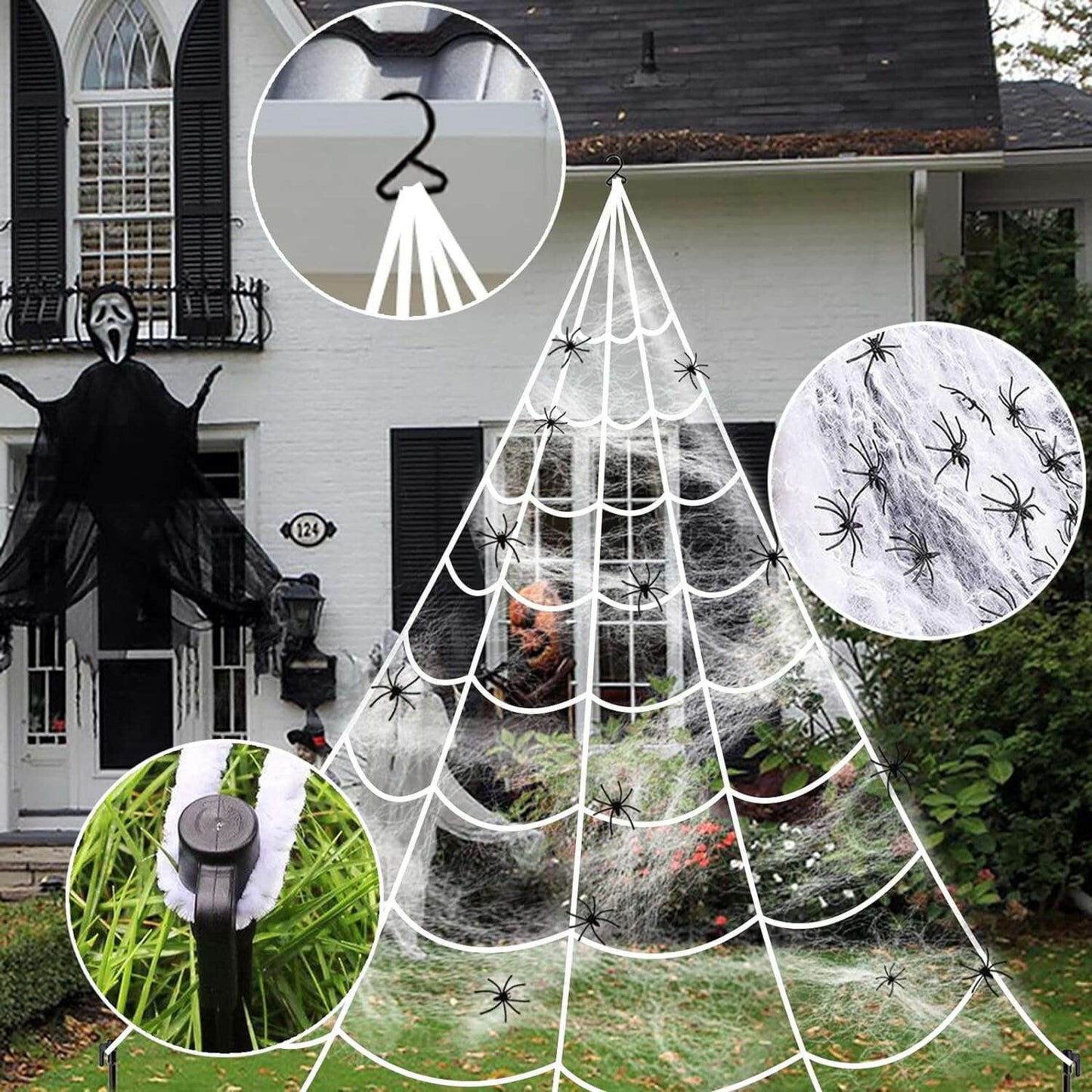 Halloween Spider Web LED Light Up Giant Spiderweb Artificial Spider Halloween Outdoor Decorations with Remote Control for Halloween Party Decor