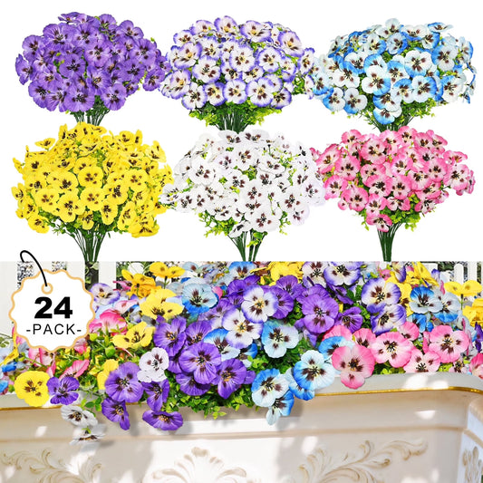 Artificial Fake Pansy Flowers for Outdoor, 24 Bundles Silk Fake Spring Flowers UV Resistant Realistic Pansy Faux Eucalyptus Plants for Outside Planters Porch Window Box Garden Indoor Decor