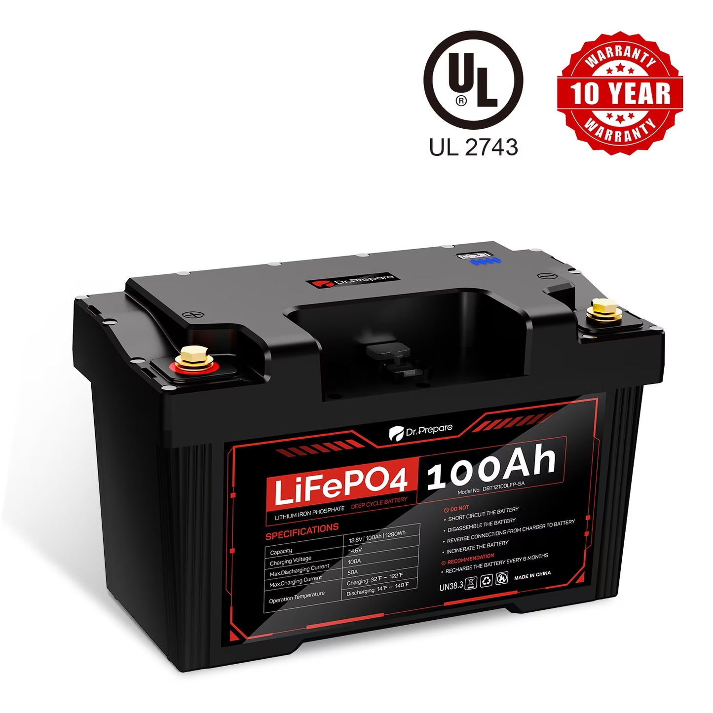 DR. PREPARE 12V 100Ah LiFePO4 Deep Cycle Battery, Lithium Iron Phosphate Battery, Built-in 100A BMS, Low Temp Protection, IP65 Waterproof