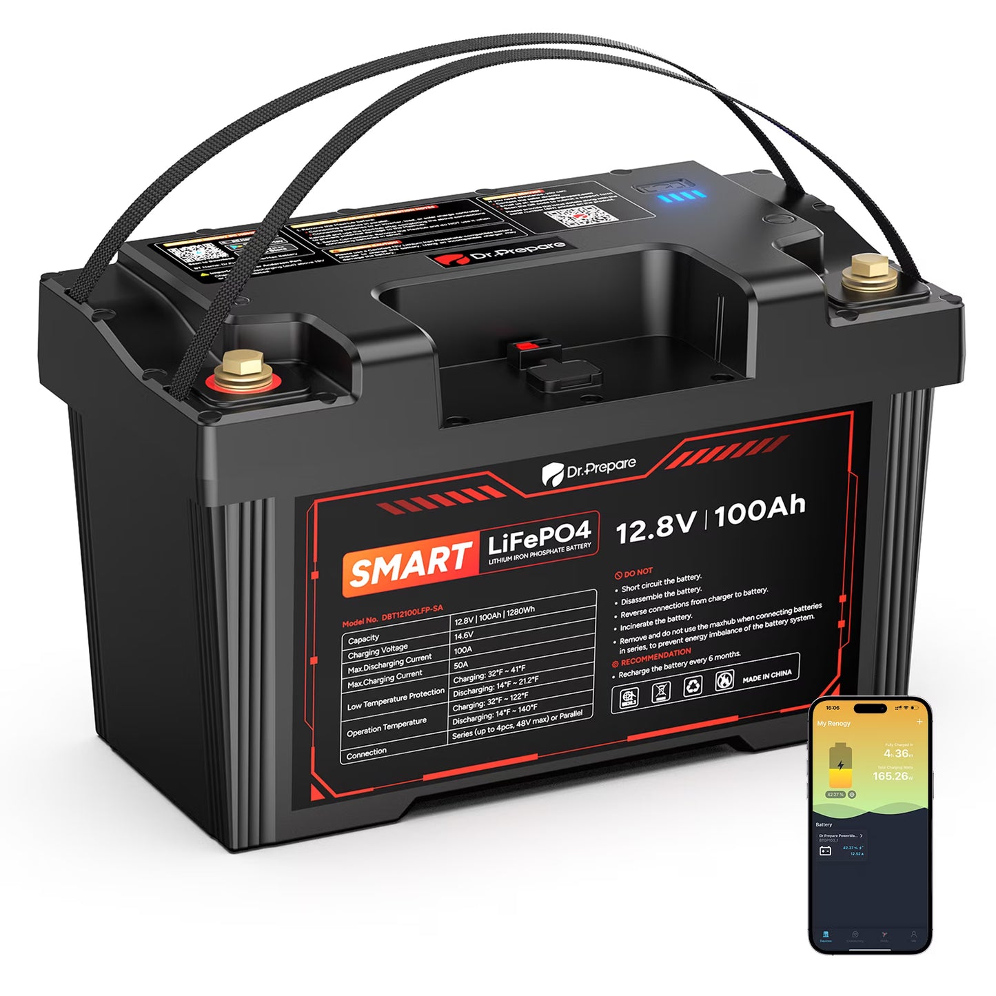 DR. PREPARE 12V 100Ah LiFePO4 Deep Cycle Battery, Lithium Iron Phosphate Battery, Built-in 100A BMS, Low Temp Protection