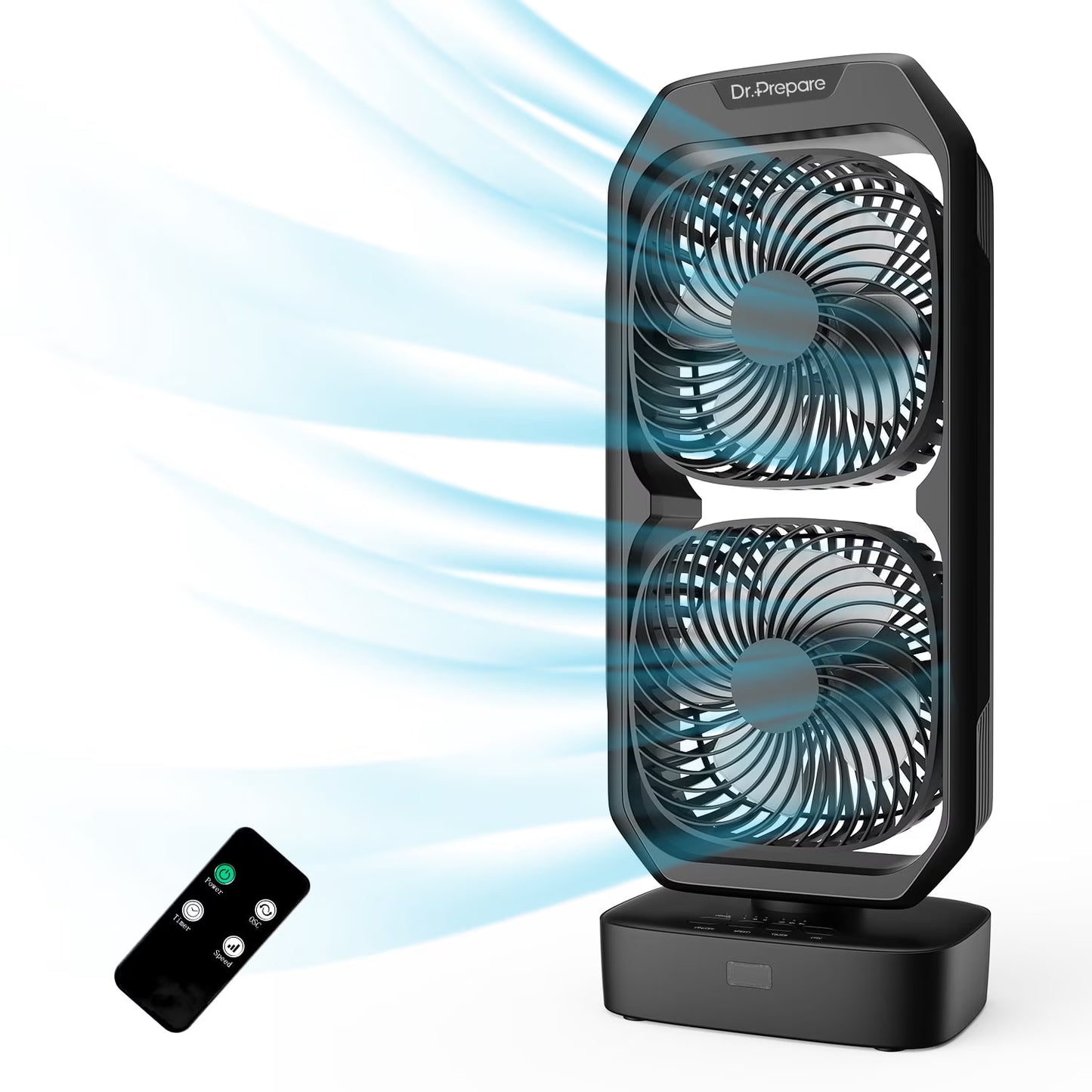 DR.PREPARE Small Oscillating Tower Fan with Remote, Rechargeable Battery Powered Desk Fan for Bedroom, 250° Tilt, 8H Timer, 3 Speeds, Portable Table Bedside Fan for Office Plants Outdoor