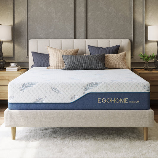 EGOHOME Blue 10 inch Queen Mattress with Cooling Gel Memory Foam, Mattress in a Box, Fiberglass Free for Pressure Relief and Motion Isolation, Medium Firm