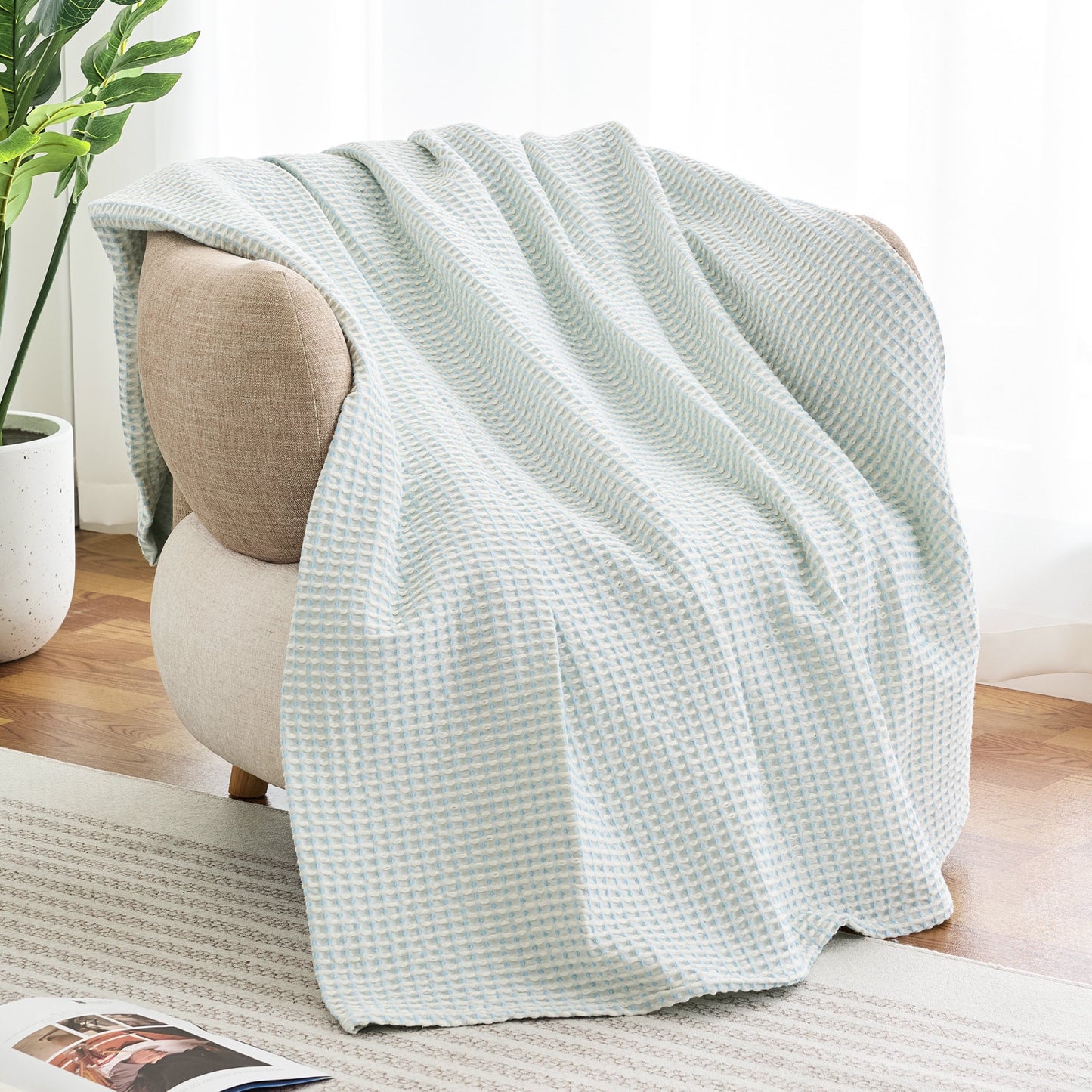EGOHOME Waffle Blanket-100% Cotton Lightweight Oversize Yarn Dyed Bed Blanket for All Seasons, Angel Falls Throw