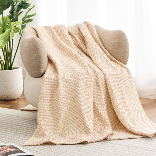 EGOHOME Waffle Blanket-100% Cotton Lightweight Oversize Yarn Dyed Bed Blanket for All Seasons, Beige Twin
