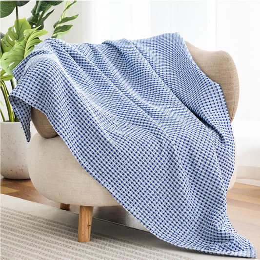 EGOHOME Waffle Blanket-100% Cotton Lightweight Oversize Yarn Dyed Bed Blanket for All Seasons, Midnight Navy, Throw