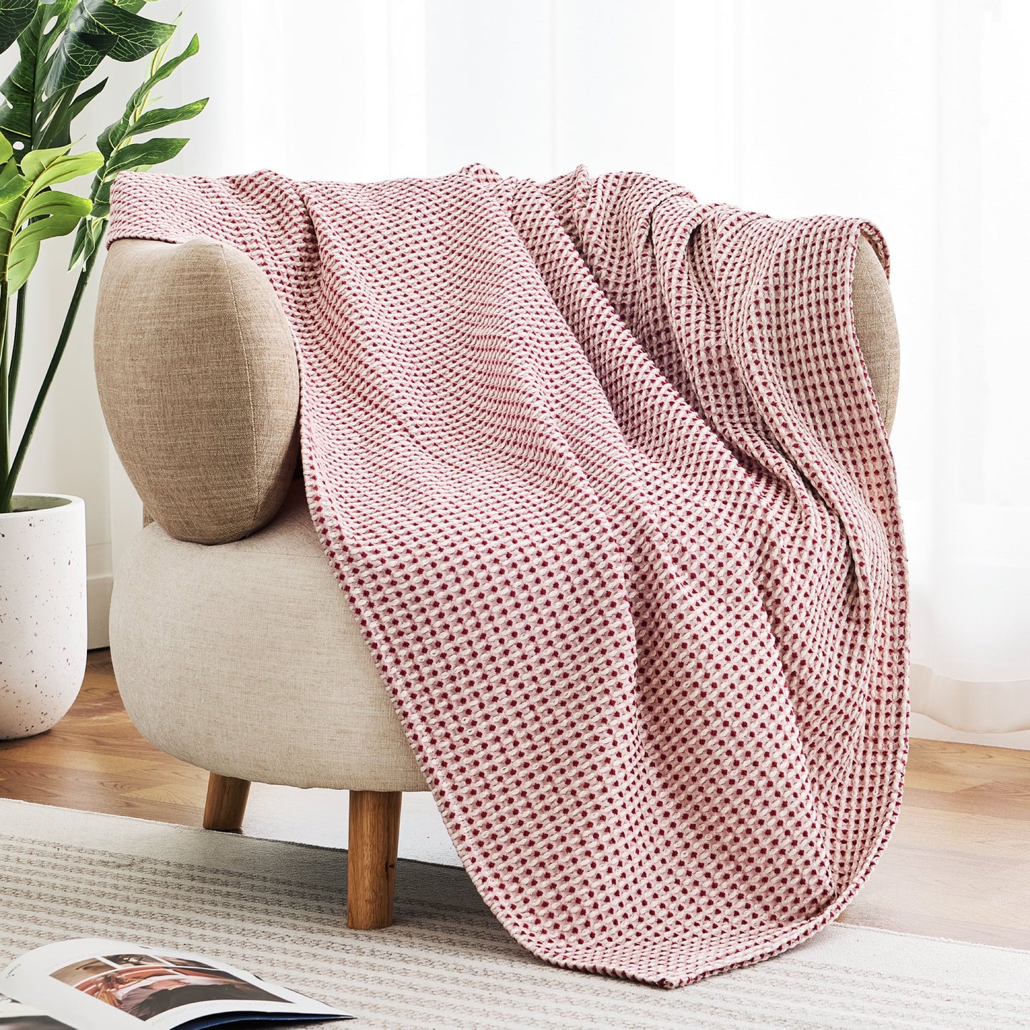 EGOHOME Waffle Blanket-100% Cotton Lightweight Oversize Yarn Dyed Bed Blanket for All Seasons, Tibetan Red Queen
