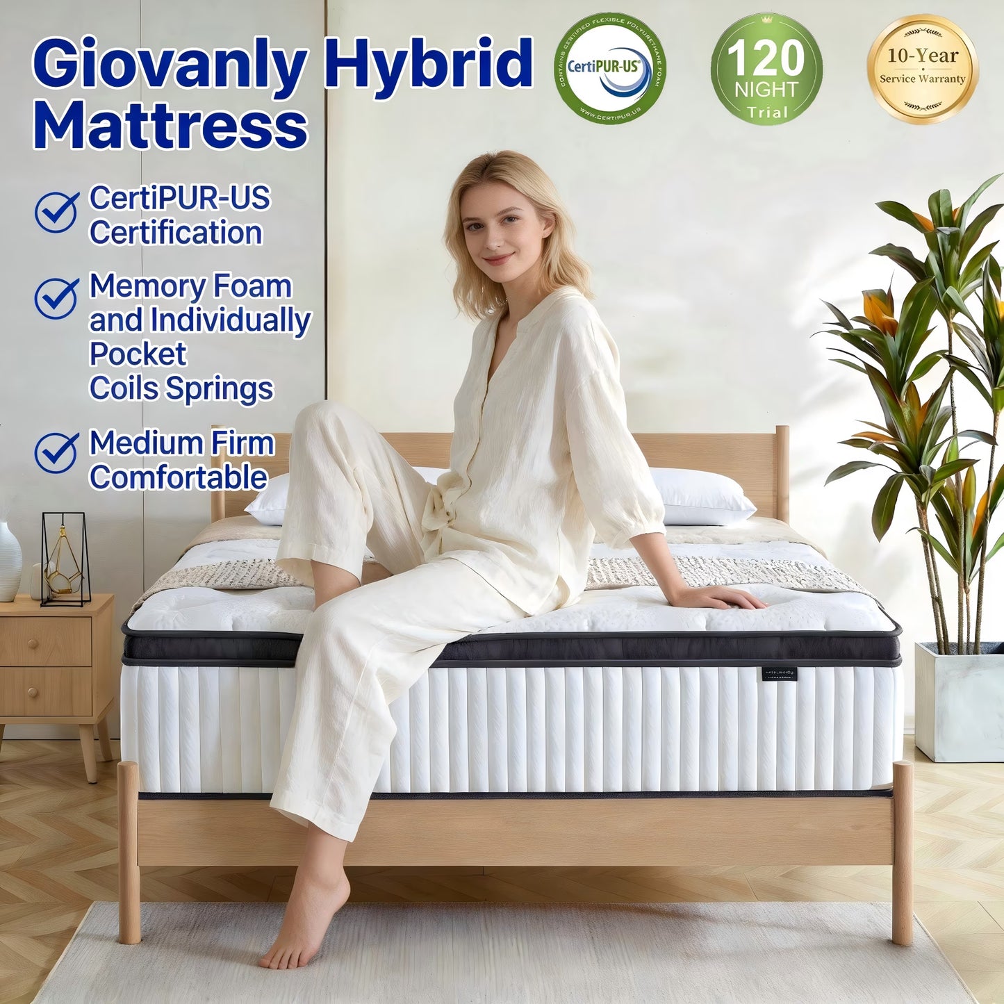 Giovanly 12 inch Full Hybrid Mattress, Medium Firm Mattresses with Cooling Gel Memory Foam & Individually Pocket Coils, Motion Isolation & Zoned Support, CertiPUR-US Certified
