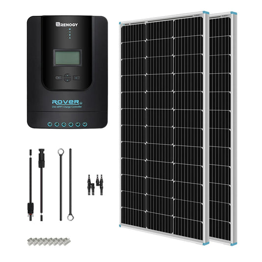 Renogy 200 Watt 12 Volt Monocrystalline Solar Panel, 20A MPPT Charge Controller, Mounting Z Brackets, Tray Cable, Adaptor Kit for RV, Boats, Trailer, Camper, Marine, Off-Grid System, 200W