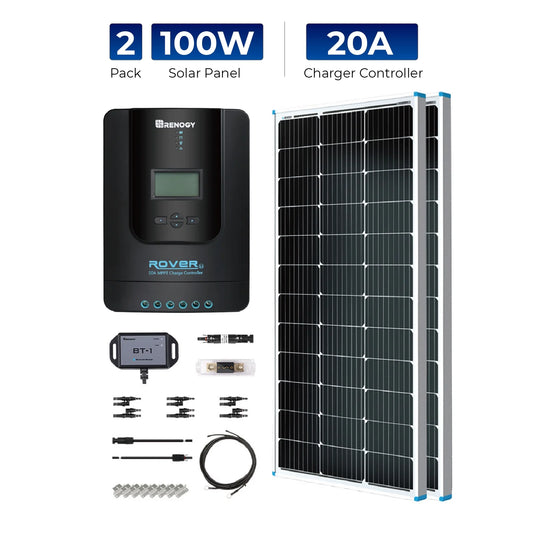 Renogy 200 Watt Solar Power Kit, 2 Pcs 100W Solar Panel, 40A MPPT Charge Controller+ Bluetooth Module Fuse+ Mounting Z Brackets+Adaptor Kit