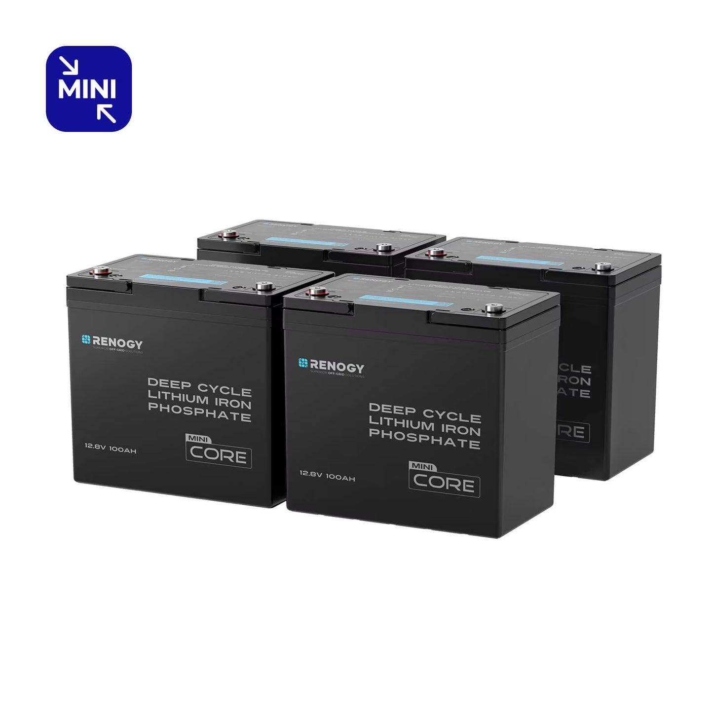 Renogy Core Mini 12V 100Ah LiFePO4 Lithium Battery 4Pack, Ultra-Compact Size 5000+ Deep Cycle 100A BMS for RV, Marine, Solar System