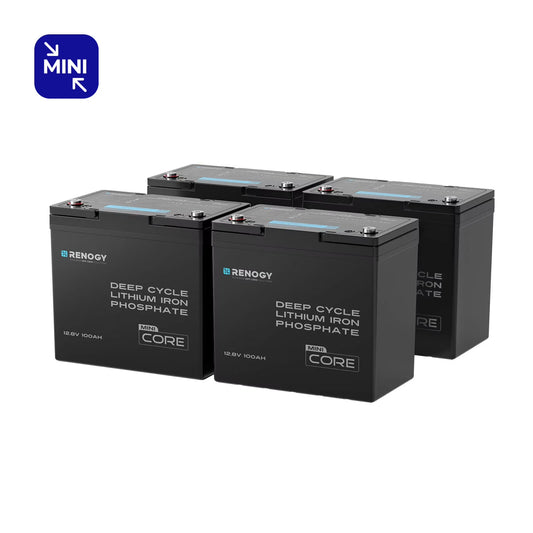 Renogy Core Mini 12V 300Ah LiFePO4 Lithium Battery 4Pack, 5000+ Deep Cycle 200A BMS, Ultra-Compact Size Low-Temperature Protection for RV, Marine, Solar System