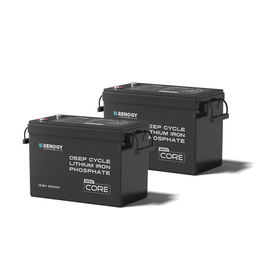 Renogy Core Mini 12V 300Ah LiFePO4 Lithium Battery 2Pack, 5000+ Deep Cycle 200A BMS, Ultra-Compact Size Low-Temperature Protection for RV, Marine, Solar System