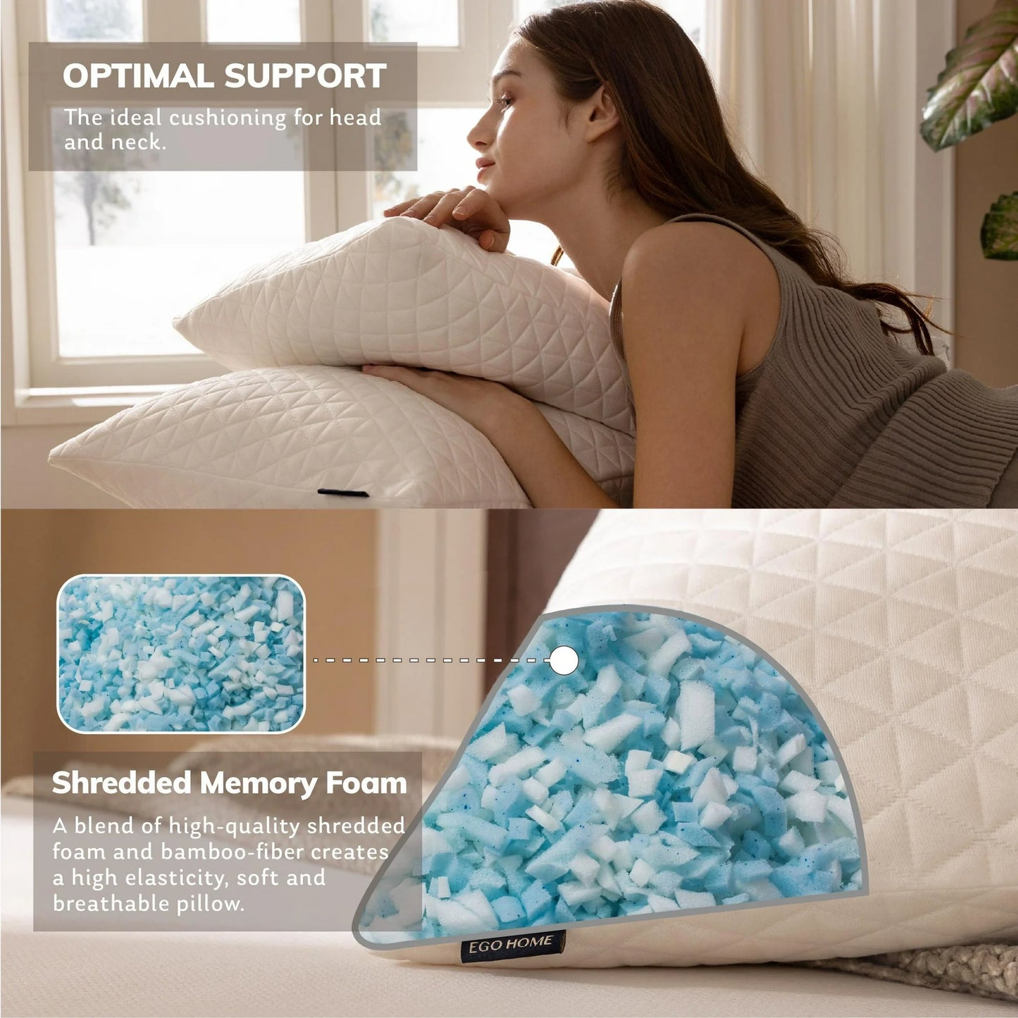 EGO HOME 2-Pack Bed Pillows, Shredded Memory Foam Pillows Set of 2, Standard Queen