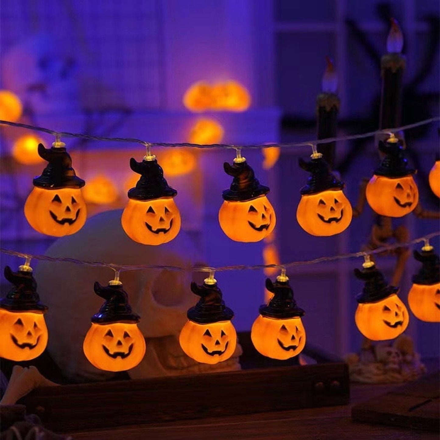 Halloween Pumpkin String Lights with Witch Hat, 20 LED 16.4FT 8 Modes Timer 3D Waterproof Orange Jack-O-Lantern Battery Operated Flickering Lights for Indoor Outdoor Decor Party Decorations