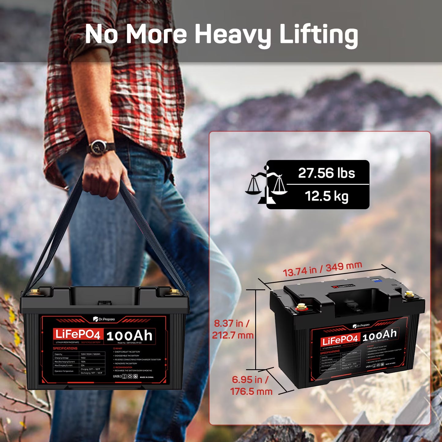 DR. PREPARE 12V 100Ah LiFePO4 Deep Cycle Battery, Lithium Iron Phosphate Battery, Built-in 100A BMS, Low Temp Protection, IP65 Waterproof