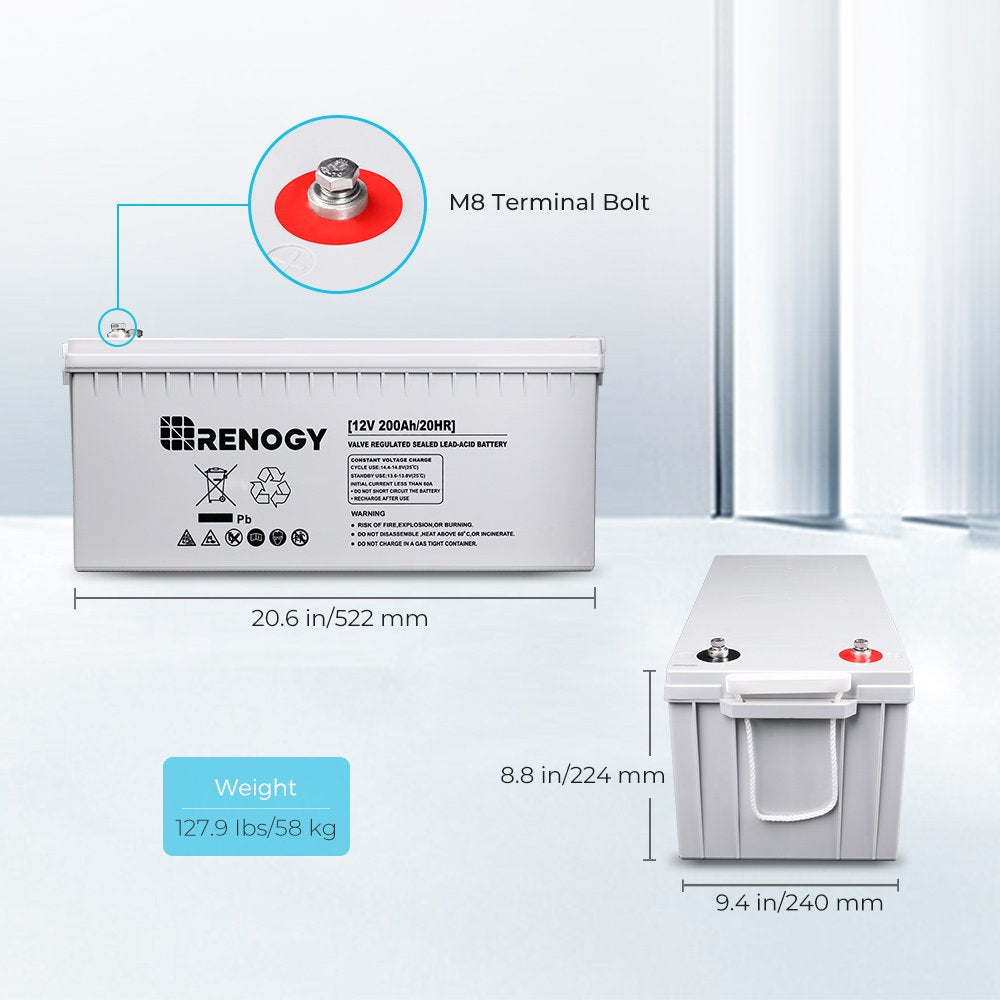 Renogy 200Ah Deep Cycle AGM Battery 12 Volt, 2000A Max Discharge Current, Safe Charge Appliances or RVs, Marine, Solar, Off-Grid