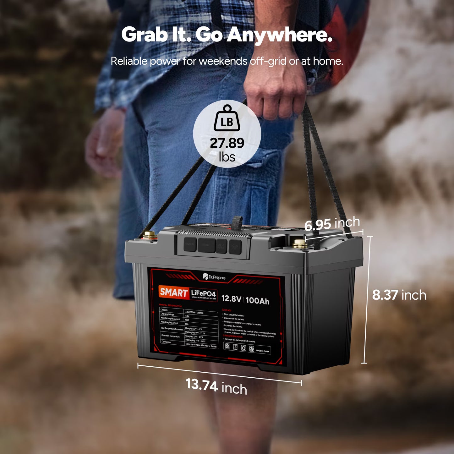 DR. PREPARE 12V 100Ah LiFePO4 Deep Cycle Battery, Lithium Iron Phosphate Battery, Built-in 100A BMS, Low Temp Protection