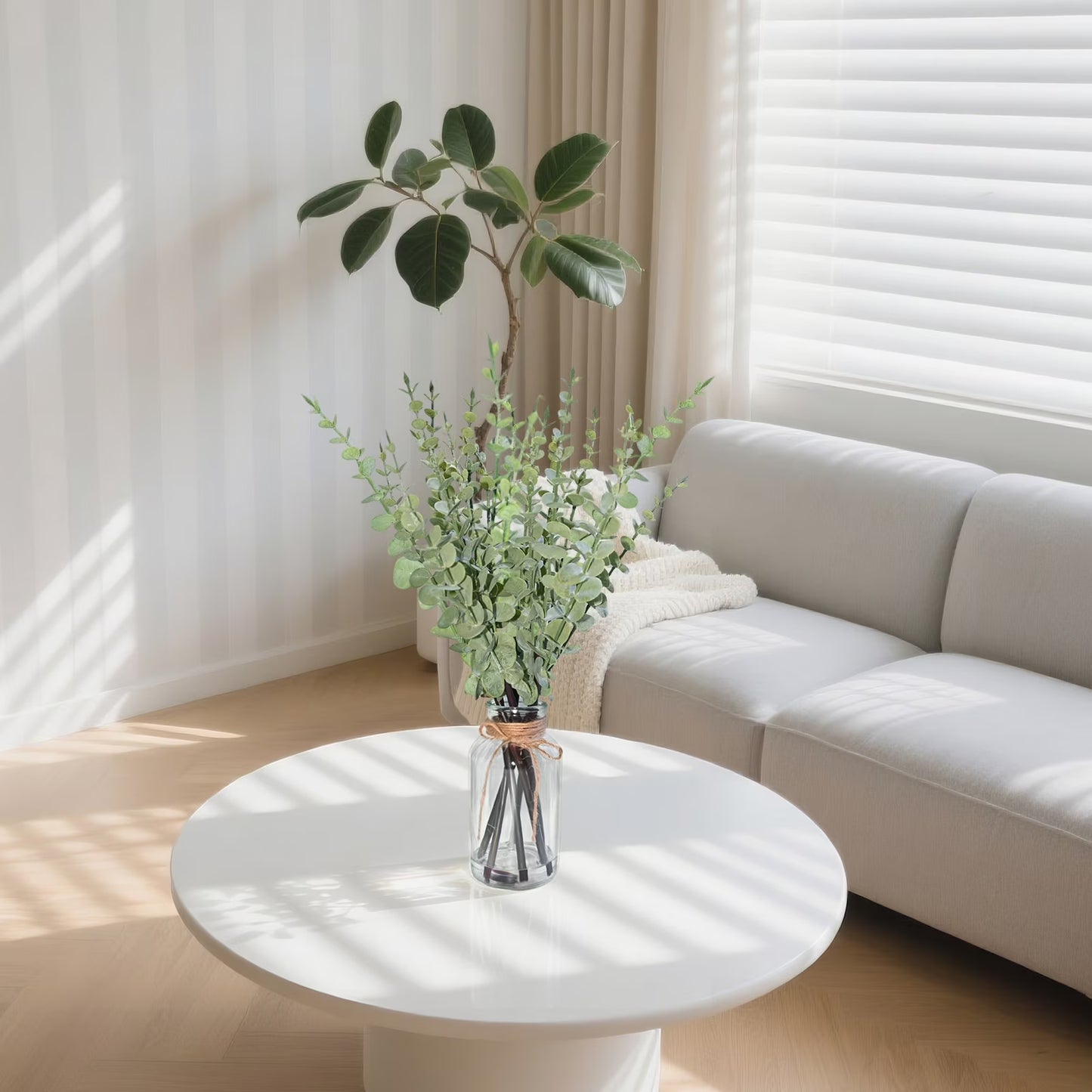 simeccom 13.78" Artificial Eucalyptus Stems in Glass Vase with Faux Water - Fake Plant for Home Decor, Coffee Table Centerpiece, Office & Bathroom Greenery
