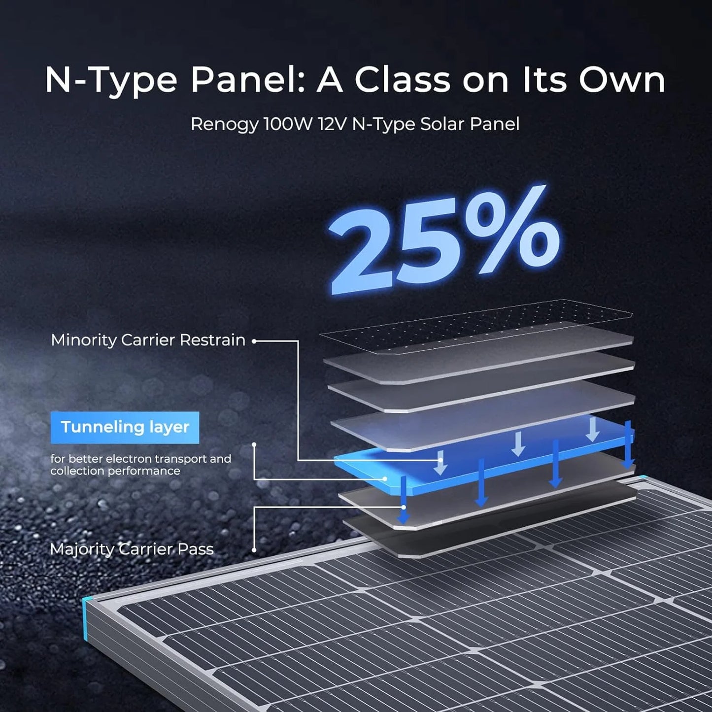 Renogy 16BB N-Type 100 Watt Solar Panel 12V, 25% High-Efficiency, Solar Panel for Power Station, RV, Cabin, Off-Grid Applications