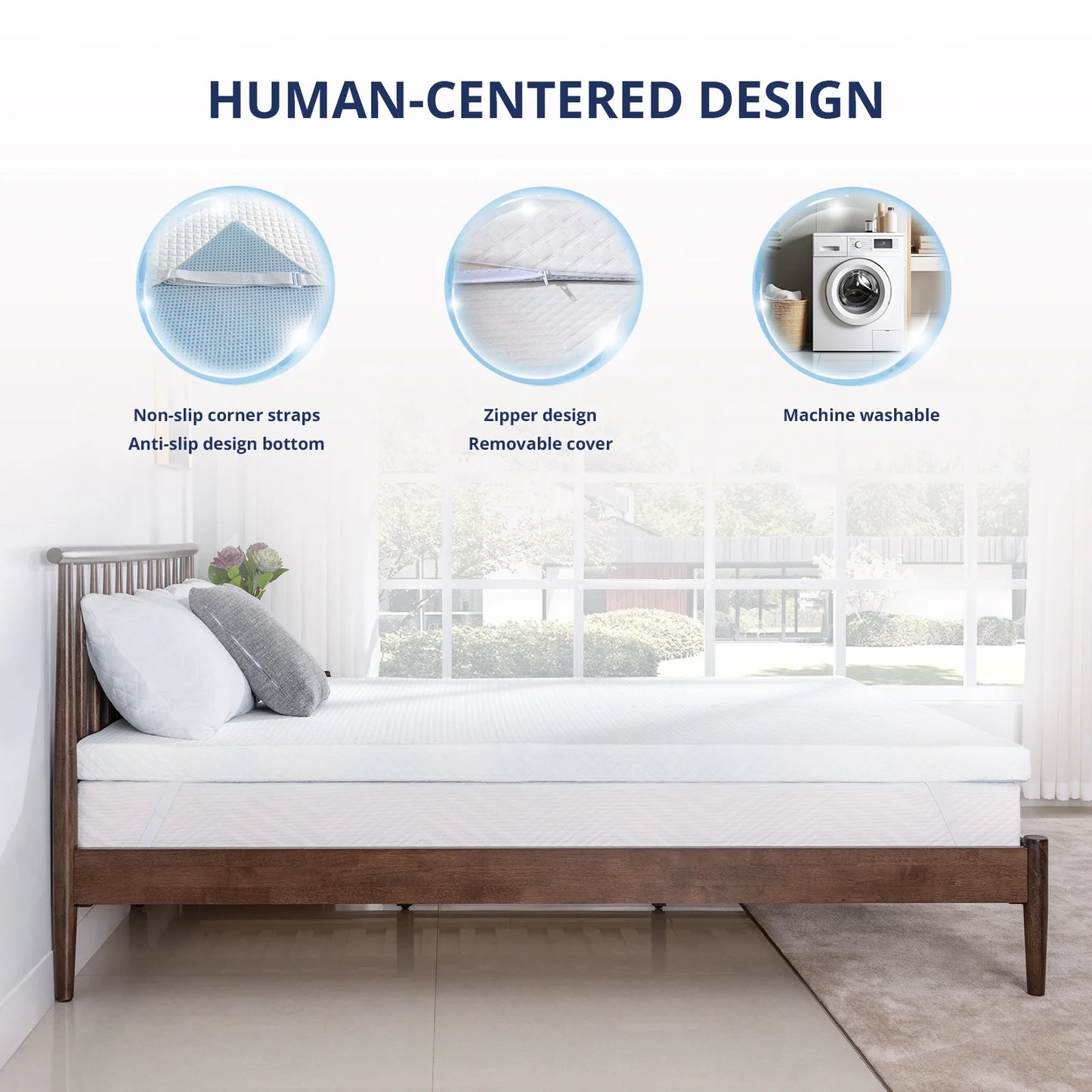 EGOHOME 2 inch Queen Mattress Topper, Cooling Gel Memory Foam Topper with Removable Cover, Non-Slip Design