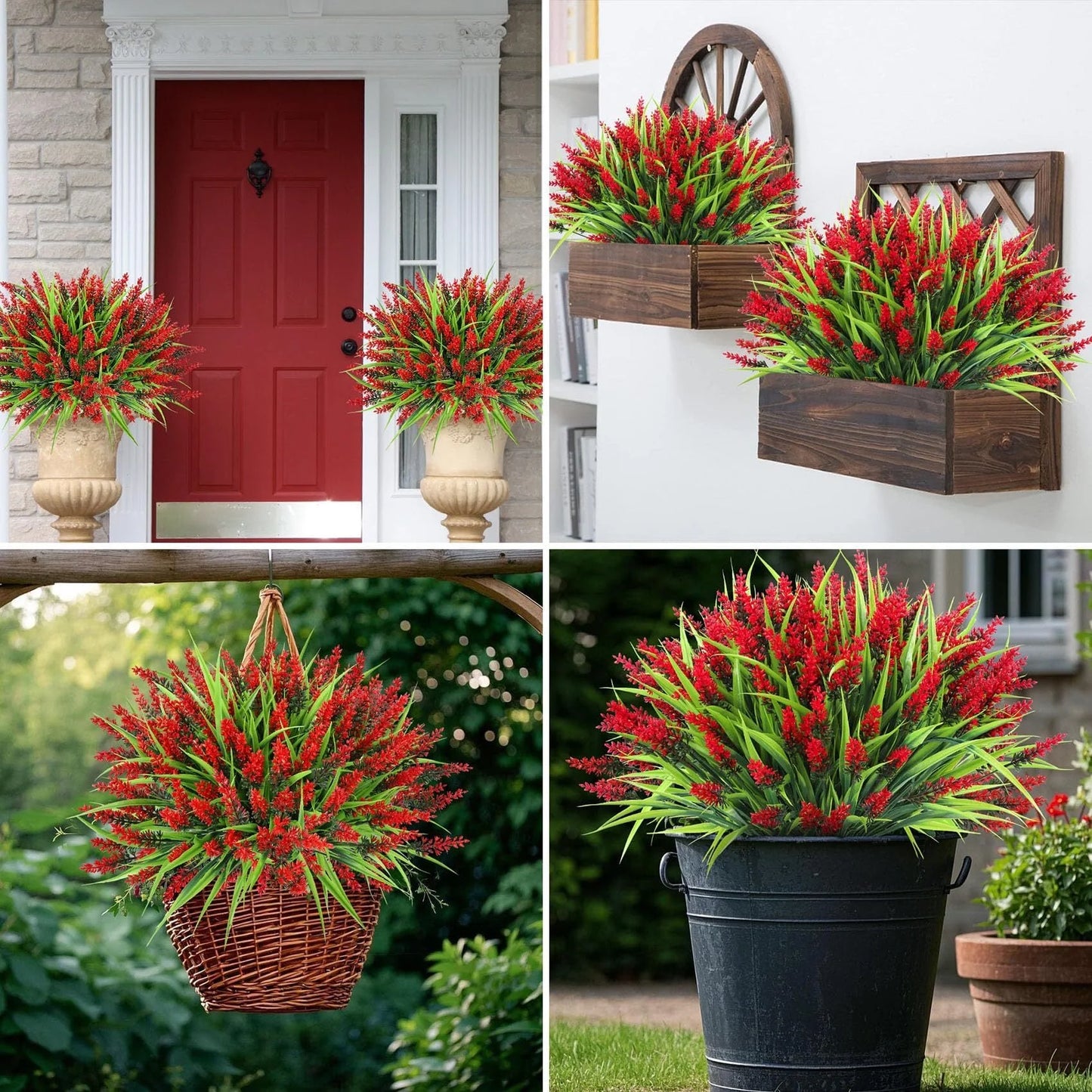 simeccom 12 Bundles Fake Lavender Flowers UV Resistant Plastic Plants Faux Purple Grass，Red