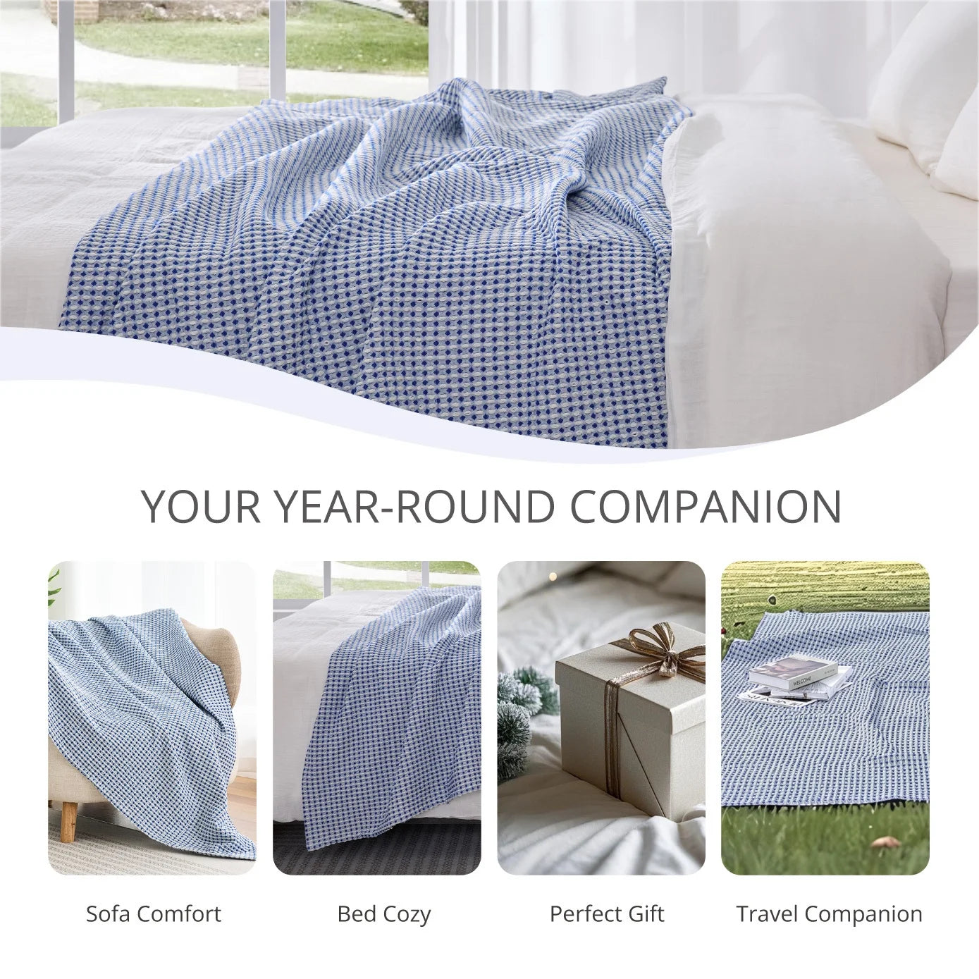 EGOHOME Waffle Blanket-100% Cotton Lightweight Oversize Yarn Dyed Bed Blanket for All Seasons, Midnight Navy, Throw