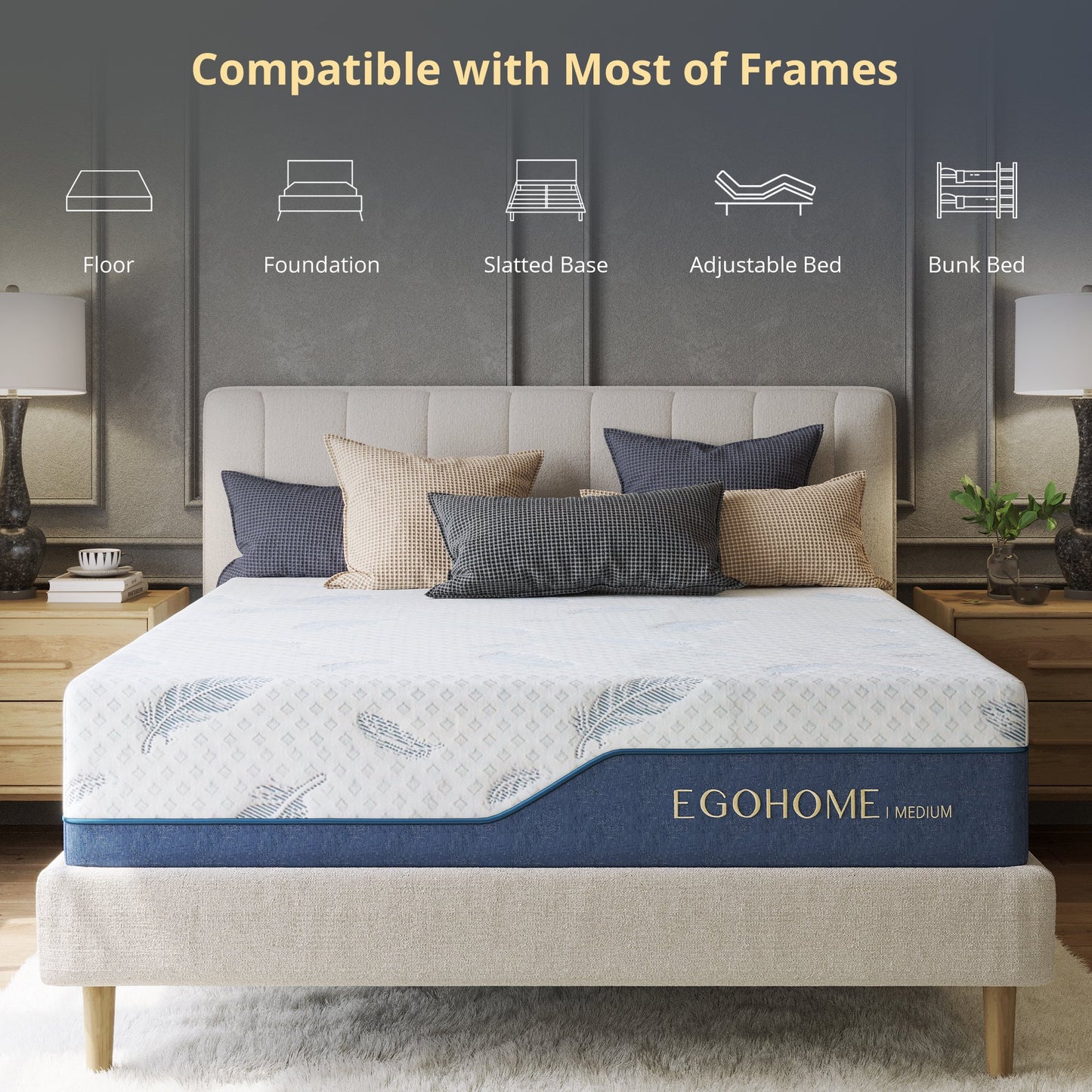 EGOHOME Blue 10 inch Queen Mattress with Cooling Gel Memory Foam, Mattress in a Box, Fiberglass Free for Pressure Relief and Motion Isolation, Medium Firm