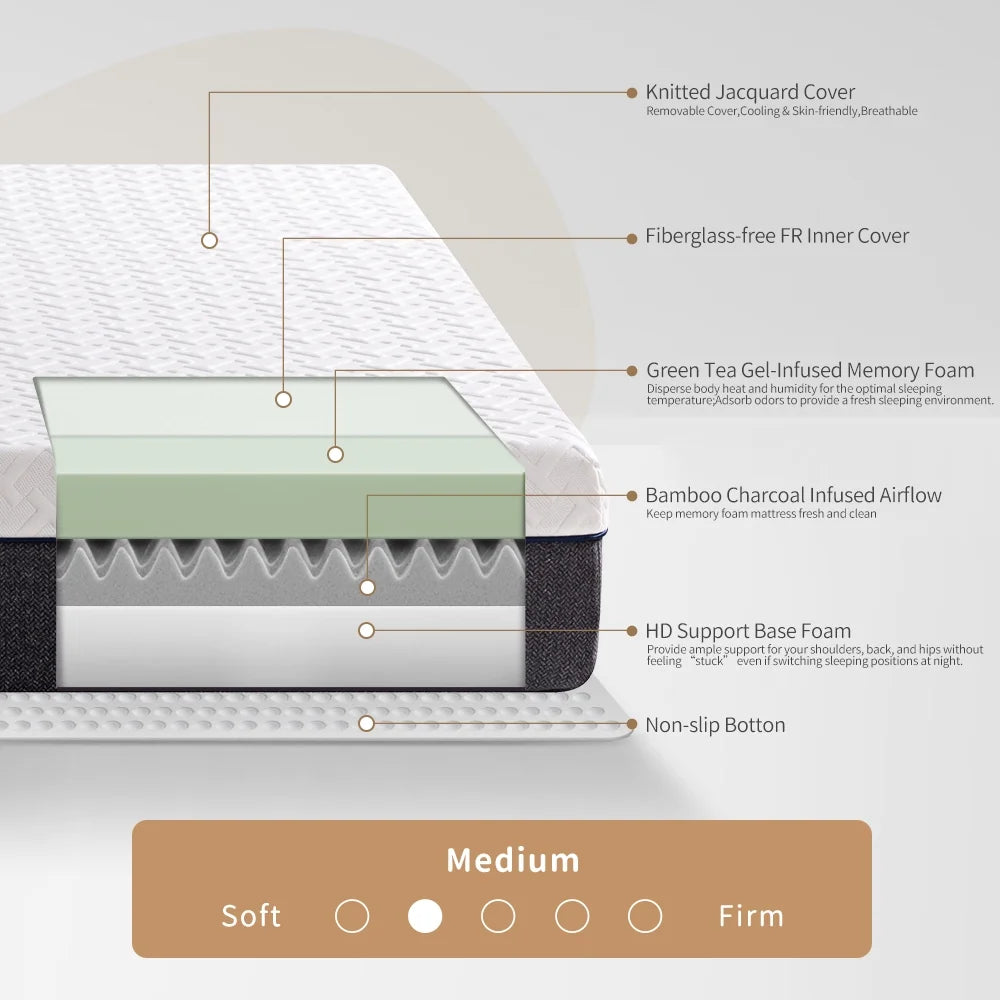 Genesis By Mlily 10" Queen Memory Foam Mattress Green Tea & Bamboo Charcoal Infused, CertiPUR-US Certified, Medium Plush