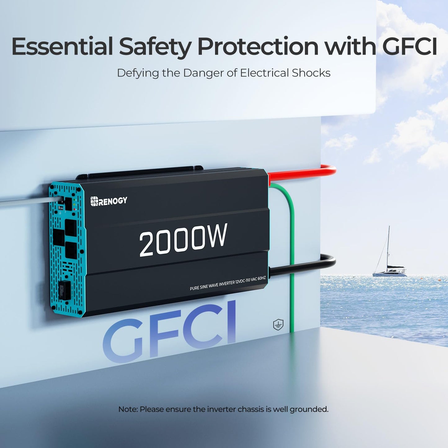 Renogy 2000W Pure Sine Wave Inverter, DC 12V to AC 120V, Built-in 5V/2.1A USB / Hardwire Port, 16.4FT Remote Controller
