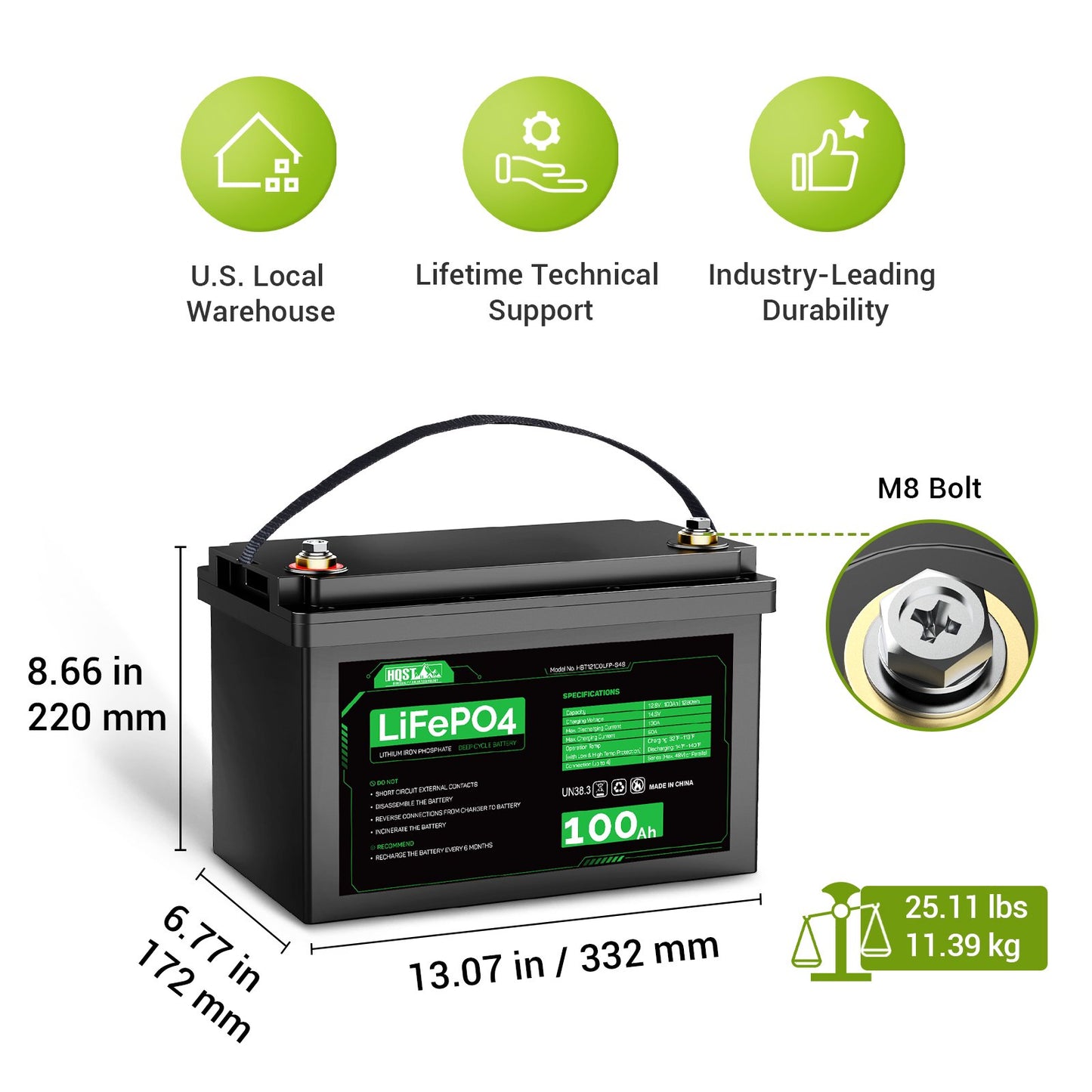 HQST 12 Volt 100Ah LiFePO4 Lithium Iron Phosphate Battery, Built-in Optimized BMS with Low & High Temp Protection, Series and Parallel Connection, for RVs, Boats, Solar System