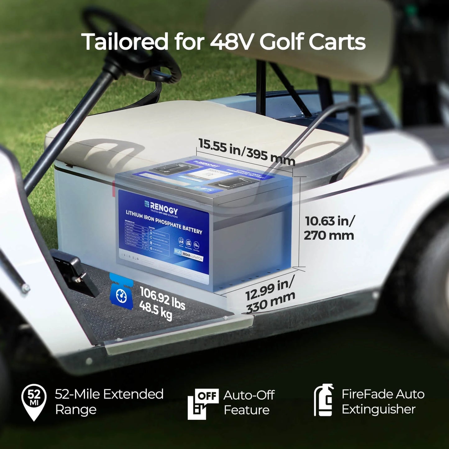 48V 105Ah Golf Cart Lithium Iron Phosphate Battery, Built-in Smart 220A BMS, with Monitor & APP, 4000+ Cycles LiFePO4 Battery, Max 10.7kW Power Output, 2C Discharge, Perfect for Golf Carts