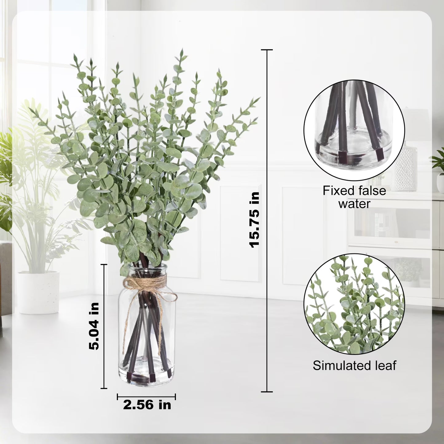simeccom 13.78" Artificial Eucalyptus Stems in Glass Vase with Faux Water - Fake Plant for Home Decor, Coffee Table Centerpiece, Office & Bathroom Greenery