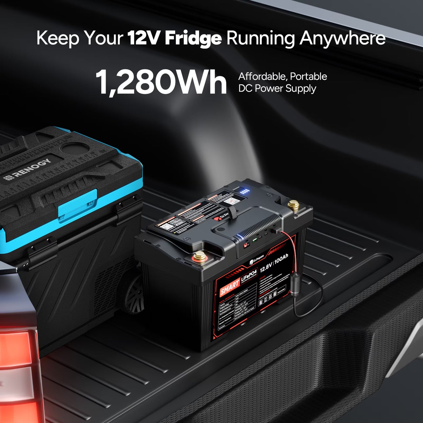DR. PREPARE 12V 100Ah LiFePO4 Deep Cycle Battery, Lithium Iron Phosphate Battery, Built-in 100A BMS, Low Temp Protection