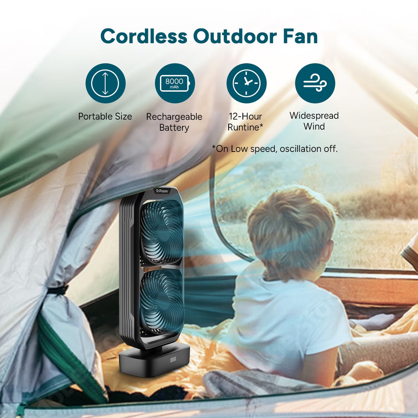 DR.PREPARE Small Oscillating Tower Fan with Remote, Rechargeable Battery Powered Desk Fan for Bedroom, 250° Tilt, 8H Timer, 3 Speeds, Portable Table Bedside Fan for Office Plants Outdoor